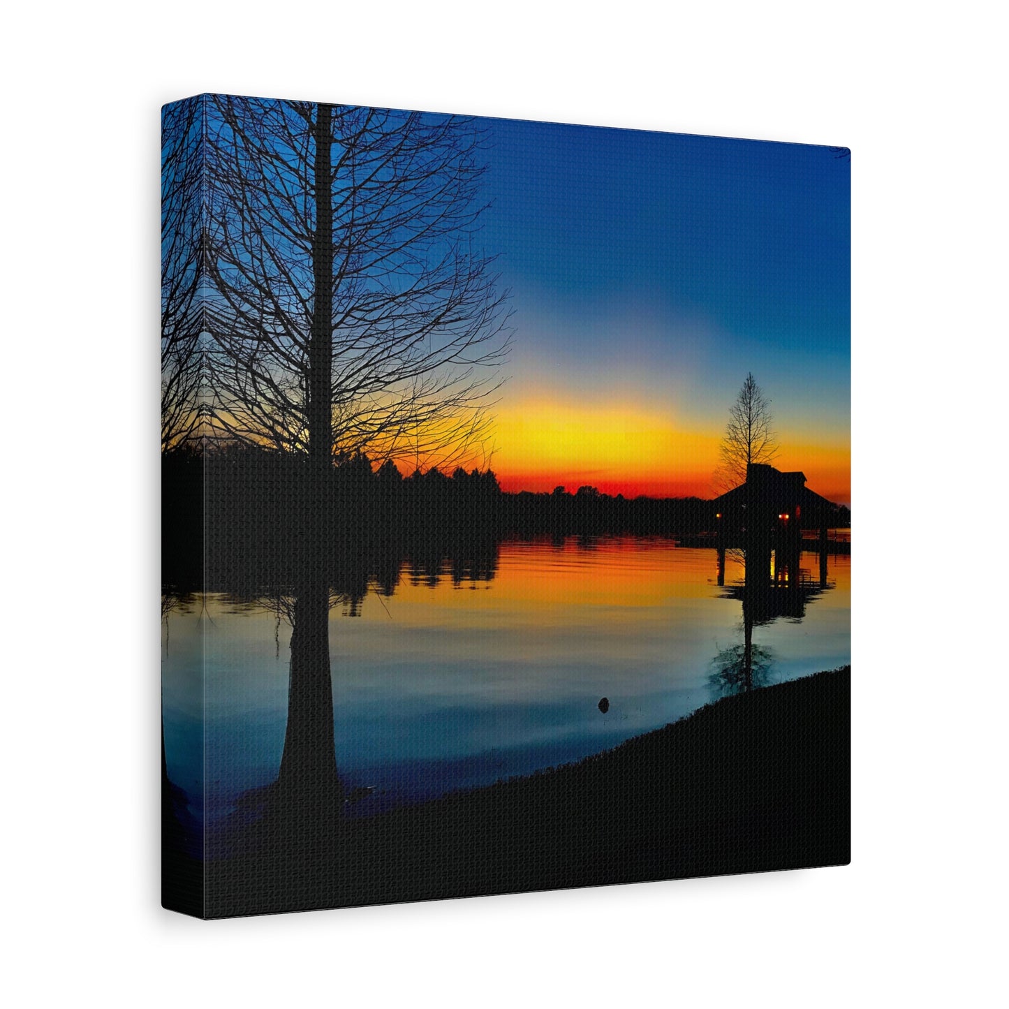 Sunset Lake Canvas Wall Art — Tranquil Silhouette Matte Stretched Canvas