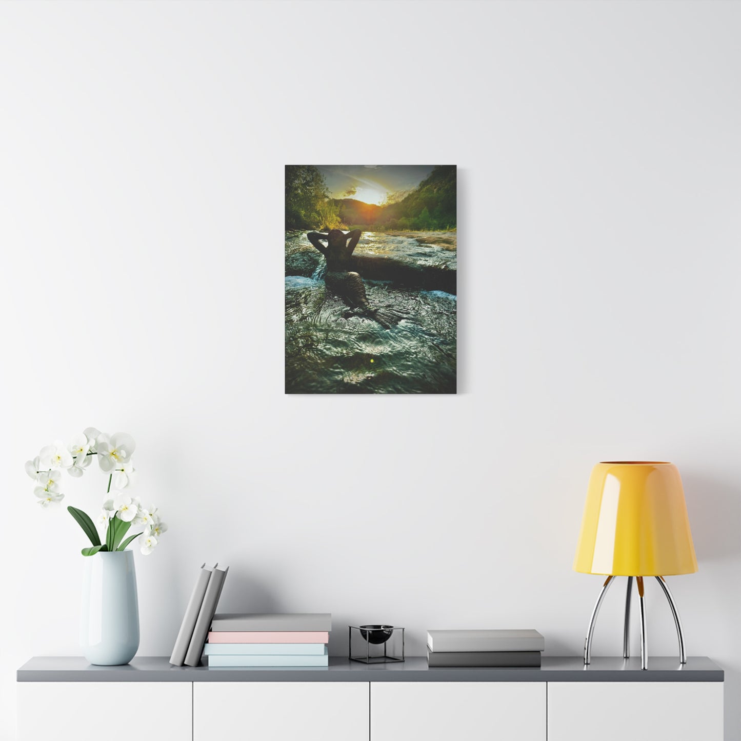 Sunset River Mermaid Canvas Wall Art — Matte Stretched Nature Print