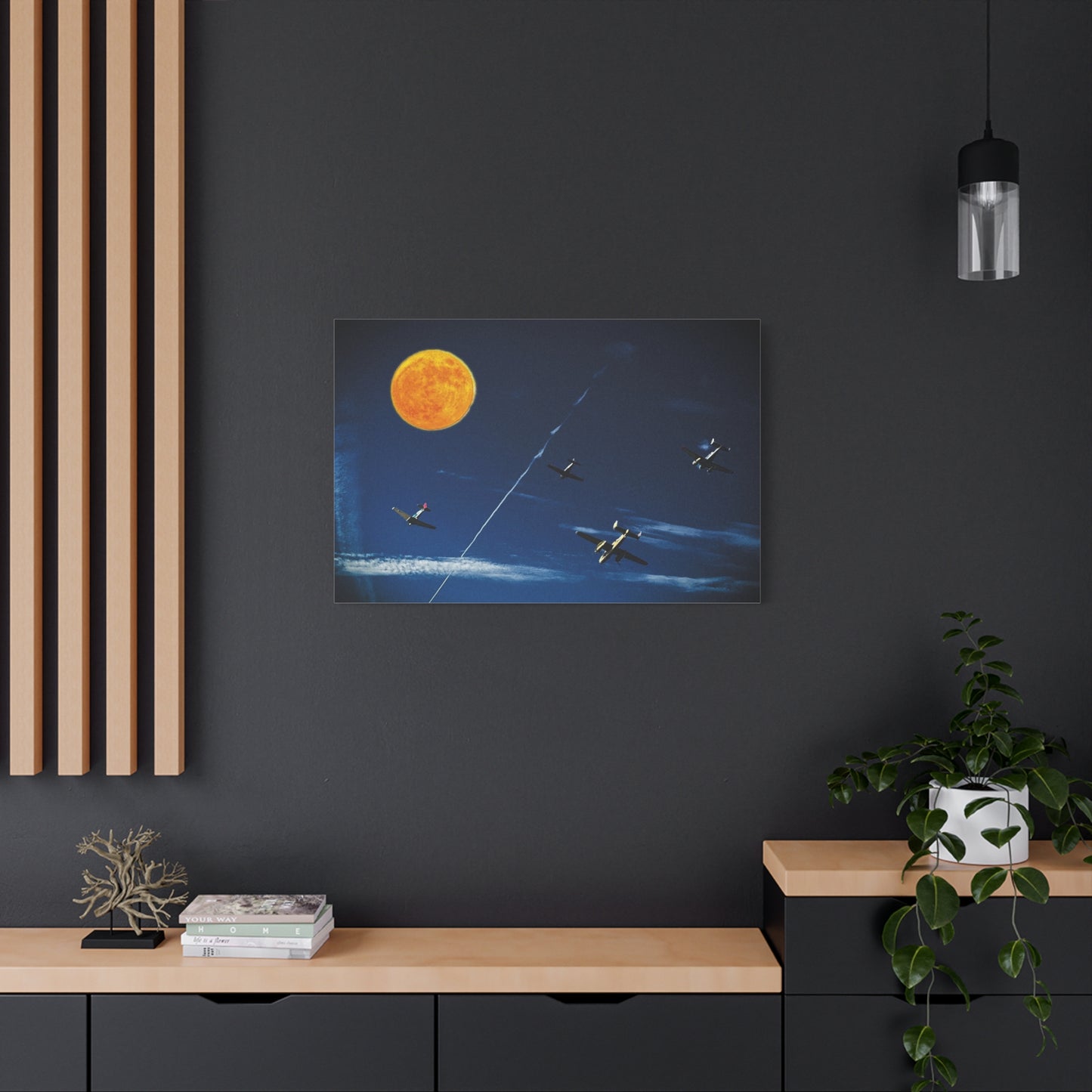 Vintage Aviation Moon Canvas Print — Planes Over Night Sky Matte Stretched Wall Art