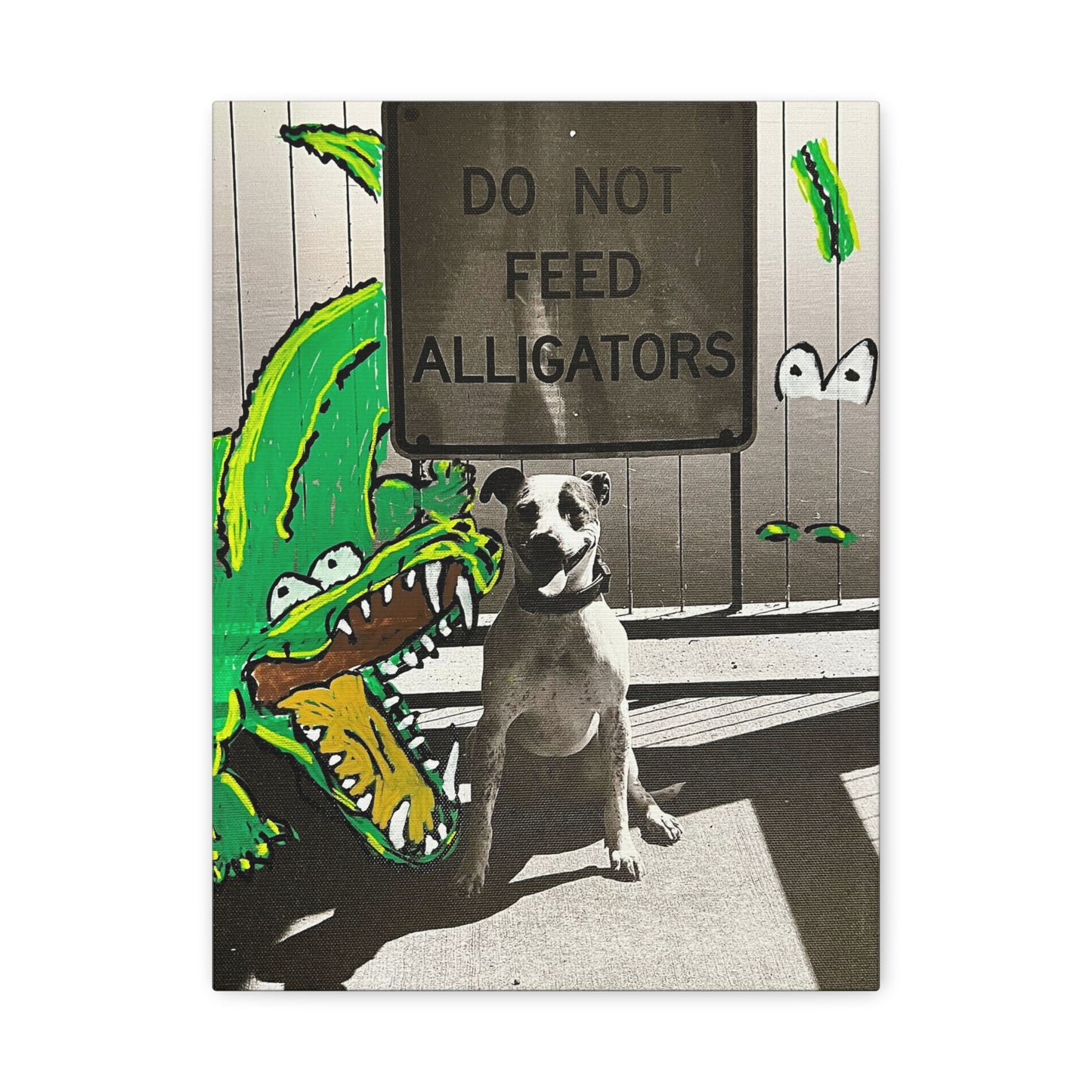Do Not Feed Alligators Canvas Wall Art — Playful Dog & Cartoon Gator Print