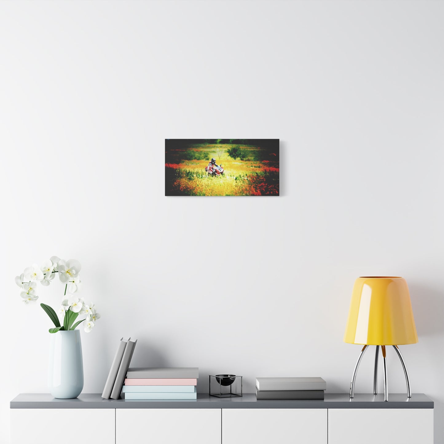 Motorcycle Racing Canvas Print — Rider in Wildflower Field Matte Stretched Art