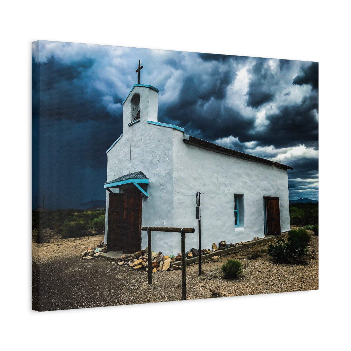 Desert Mission West Texas White Church Matte Canvas Wall Art — Southwestern Storm Landscape