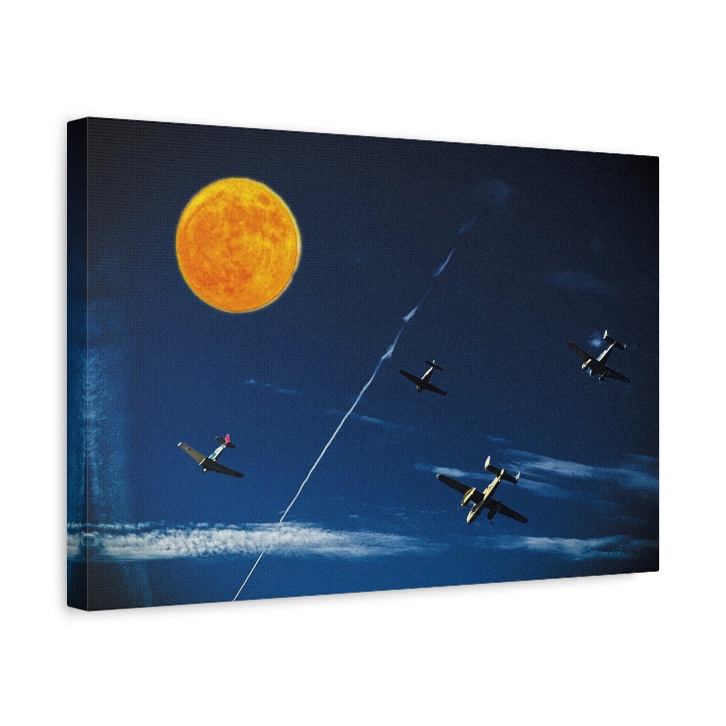 Vintage Aviation Moon Canvas Print — Planes Over Night Sky Matte Stretched Wall Art