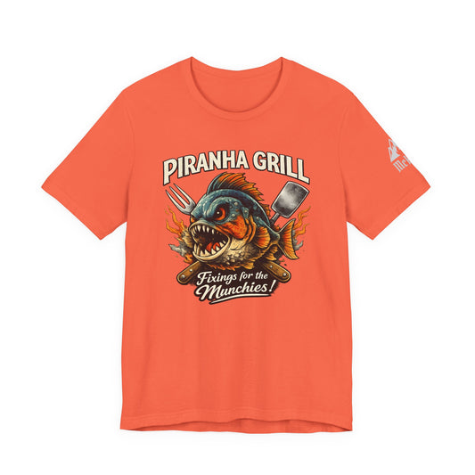 Piranha Grill T‑Shirt — 'Piranha Grill: Fixings for the Munchies' Retro BBQ Tee