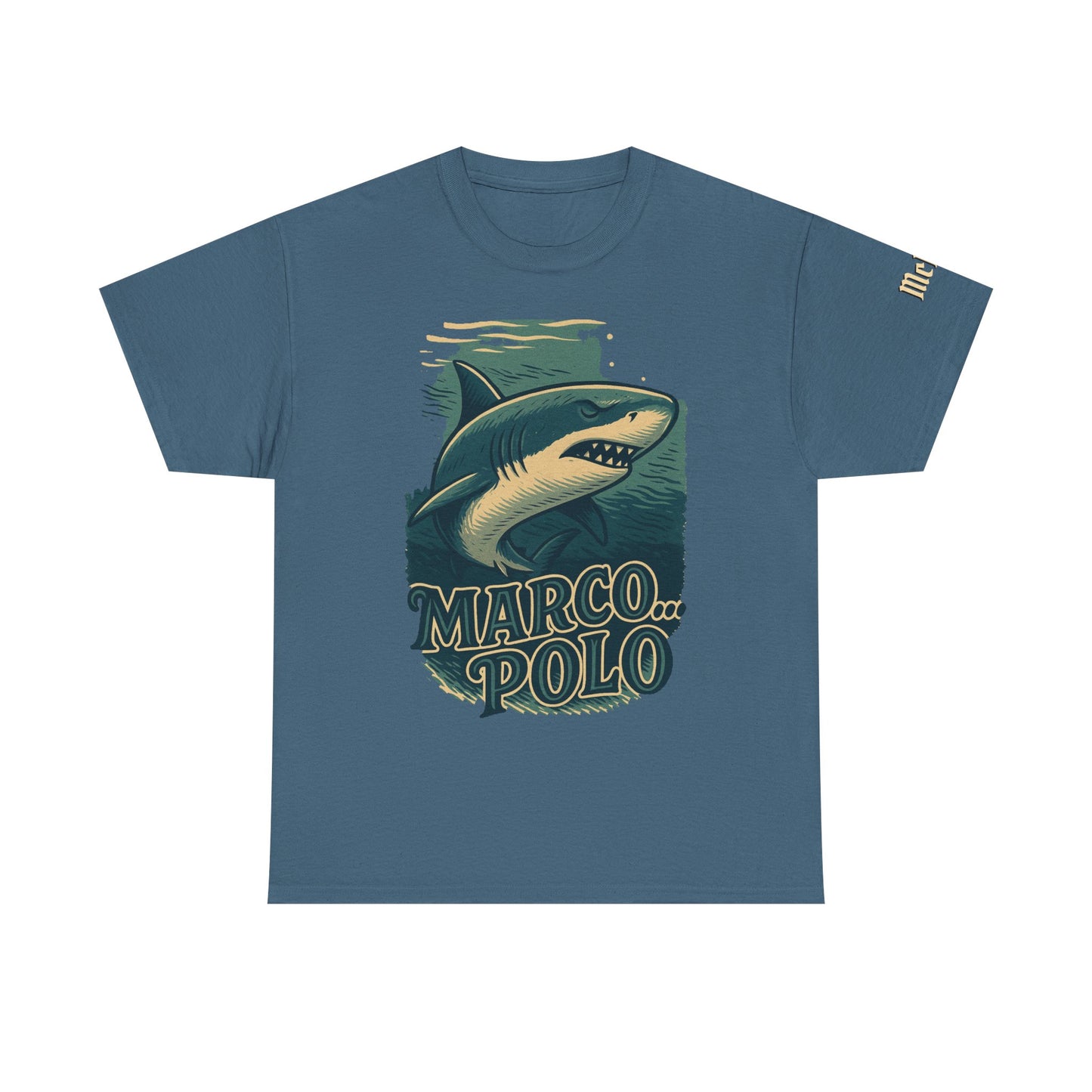 Shark “Marco Polo” Graphic T-Shirt — Retro Ocean Humor Tee