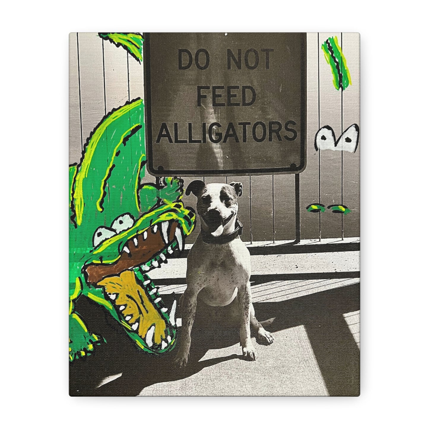 Do Not Feed Alligators Canvas Wall Art — Playful Dog & Cartoon Gator Print