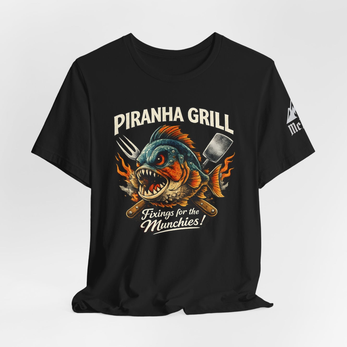 Piranha Grill T‑Shirt — 'Piranha Grill: Fixings for the Munchies' Retro BBQ Tee