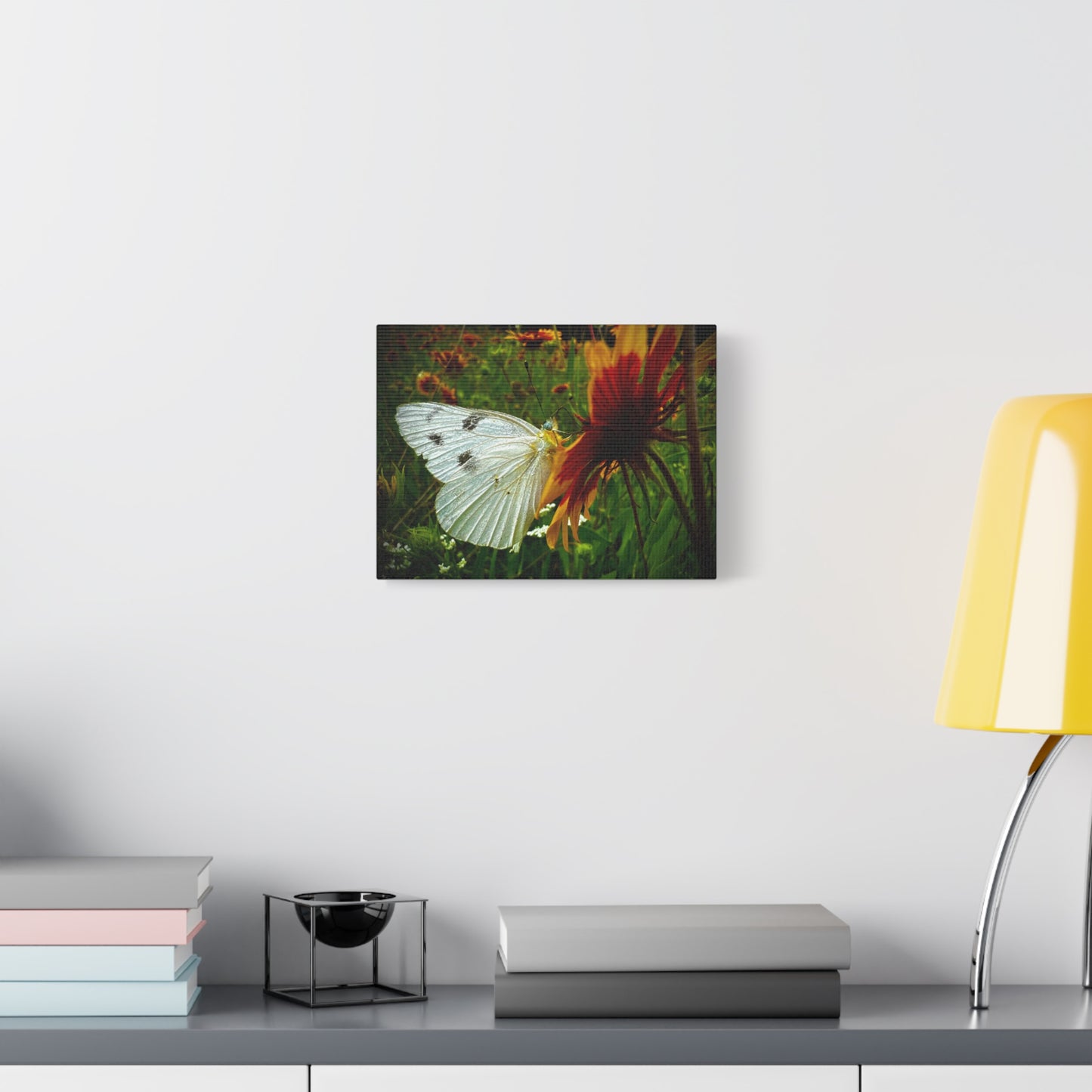 White Butterfly on Wildflower Canvas Print — Nature Wall Art, Garden Butterfly Photography