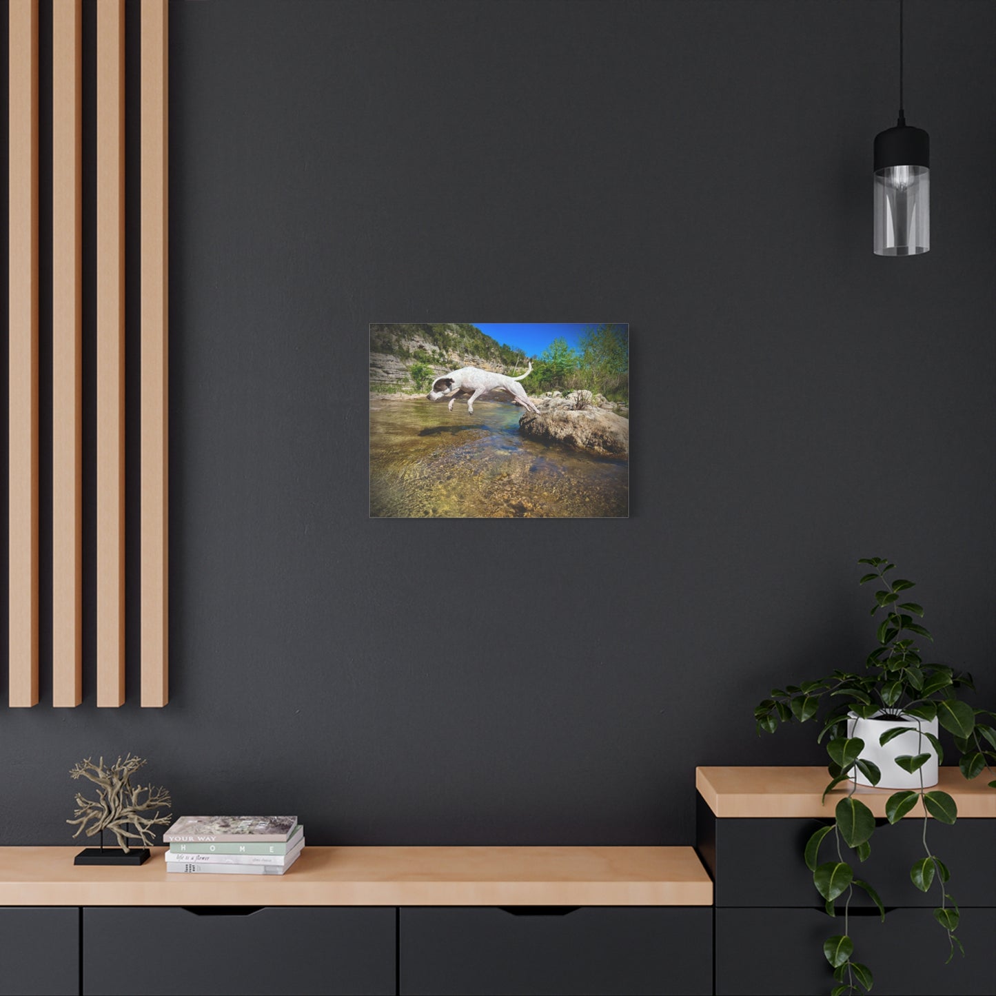 Canvas Print — Dog Leaping Over River | Outdoor Adventure Wall Art
