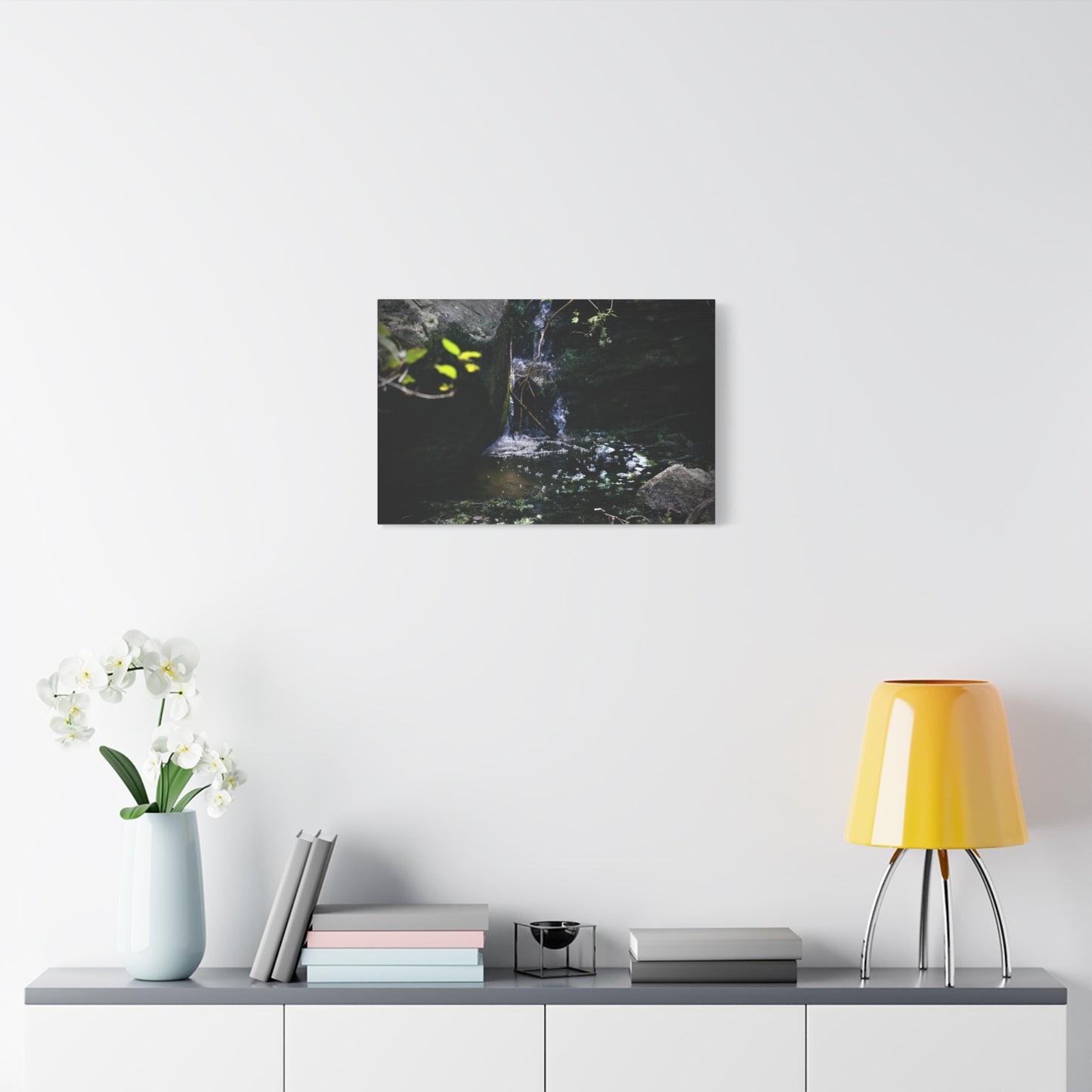 Mountain Waterfall Matte Stretched Canvas Print — Tranquil Woodland Waterfall Photography