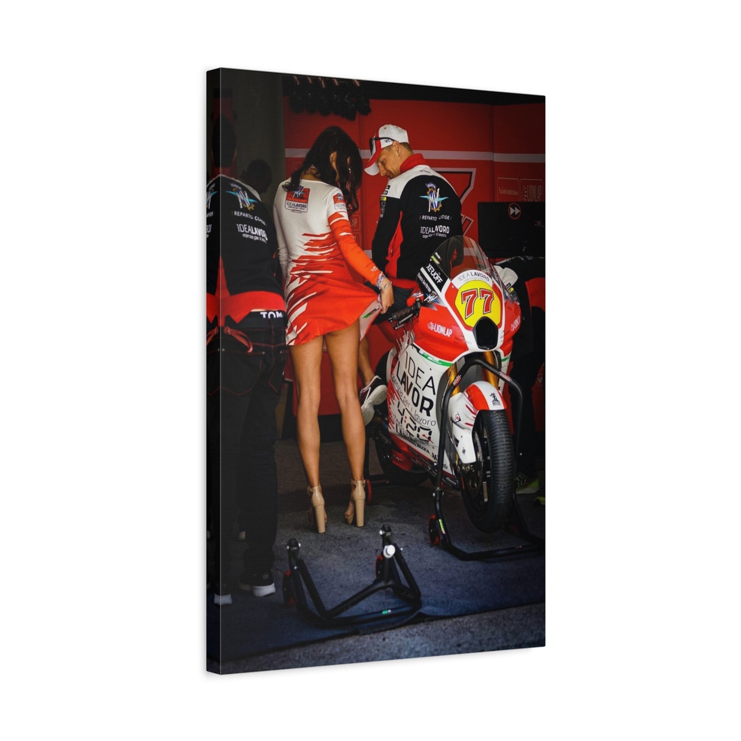 Motorbike Pit Crew Canvas Print — Racing Team Garage Scene