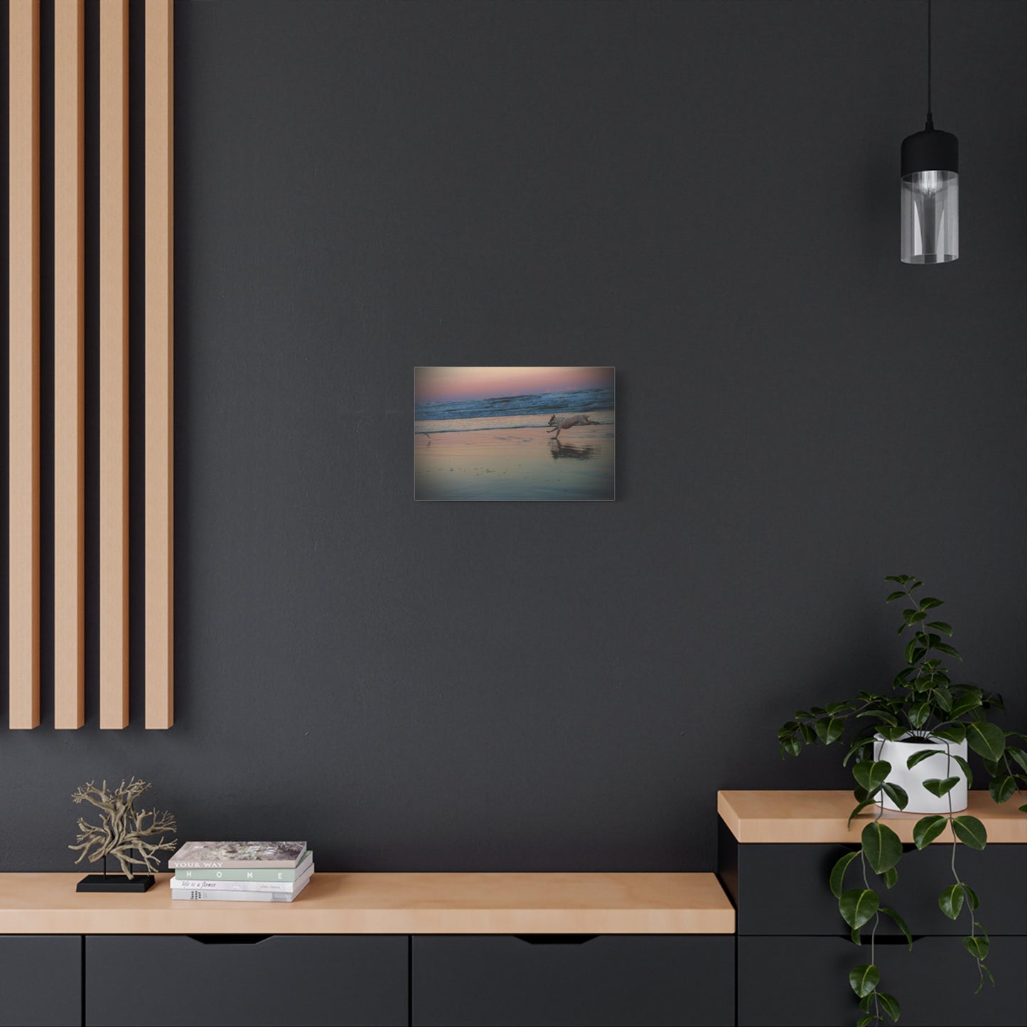 Seaside Sunset Canvas Print — Running Beach Dog Wall Art (Matte Stretched 1.25")