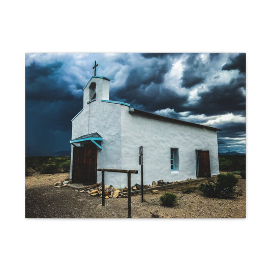 Desert Mission West Texas White Church Matte Canvas Wall Art — Southwestern Storm Landscape