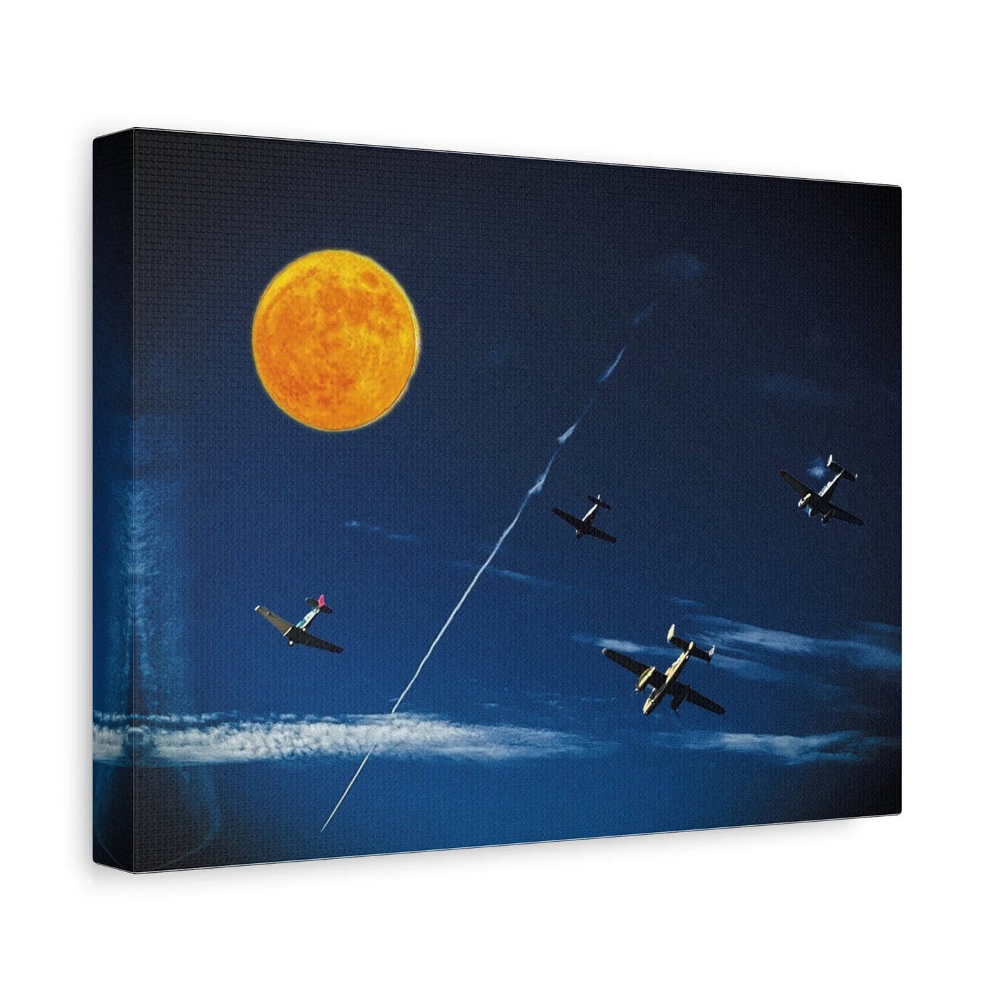 Vintage Aviation Moon Canvas Print — Planes Over Night Sky Matte Stretched Wall Art