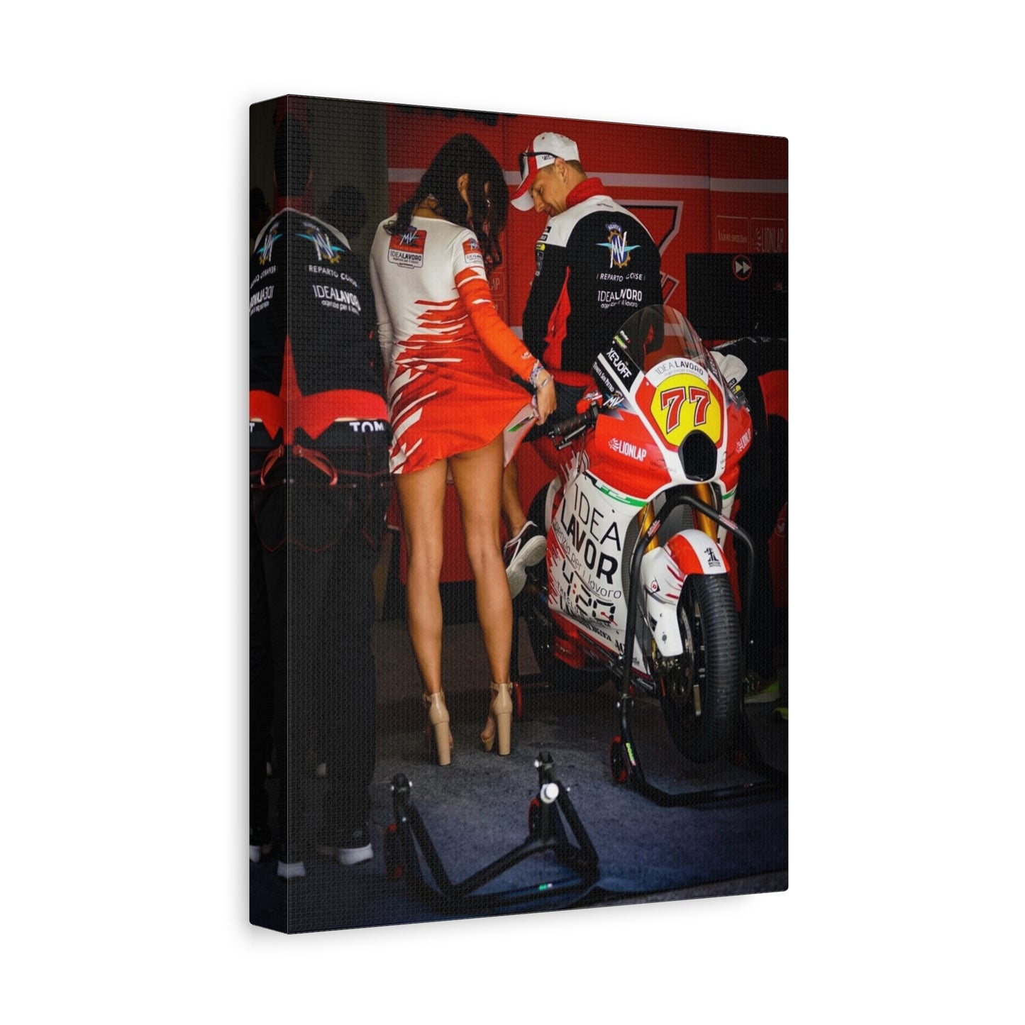 Motorbike Pit Crew Canvas Print — Racing Team Garage Scene