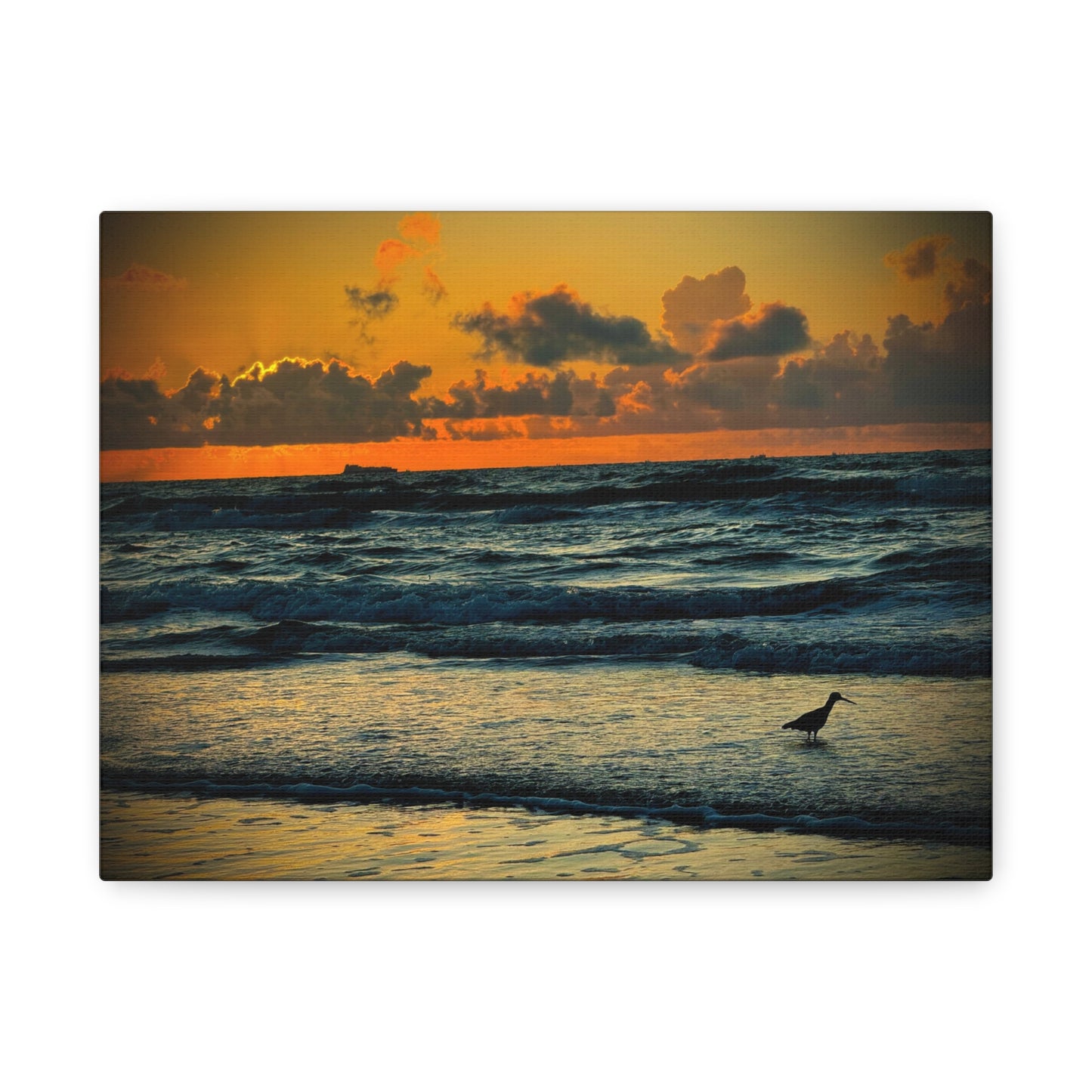 Sunset Seaside Canvas Wall Art — Beach Sunrise with Shorebird