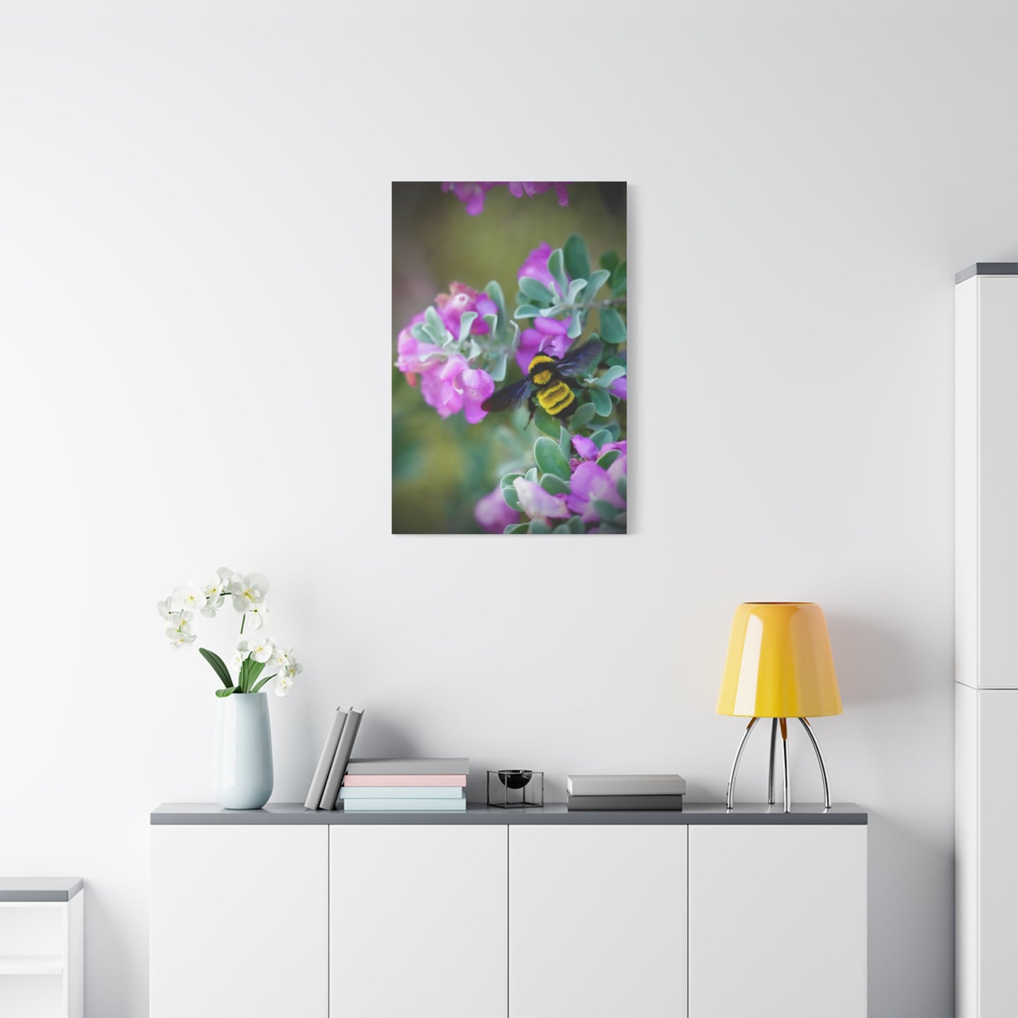 Bumblebee on Pink Flowers Matte Stretched Canvas