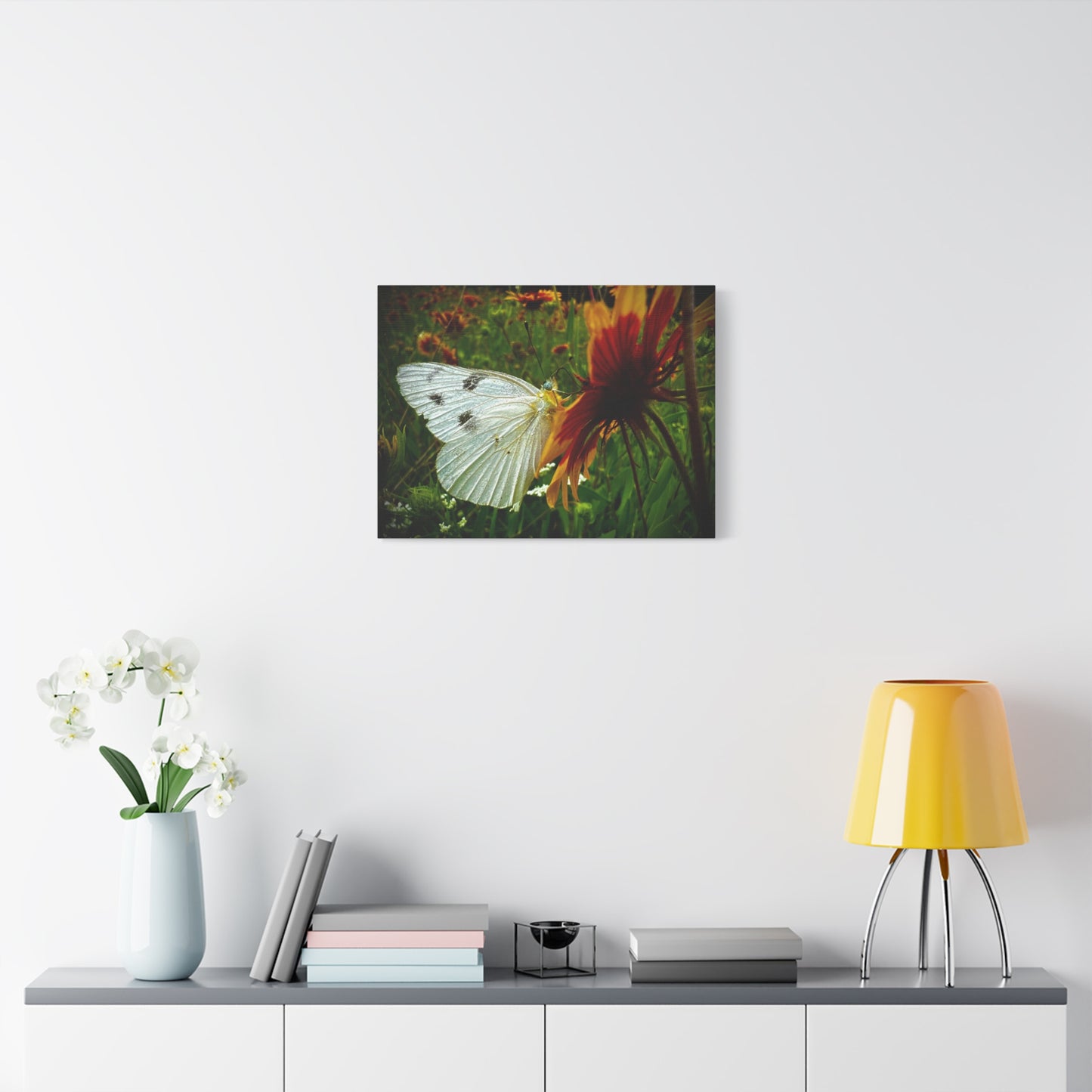 White Butterfly on Wildflower Canvas Print — Nature Wall Art, Garden Butterfly Photography