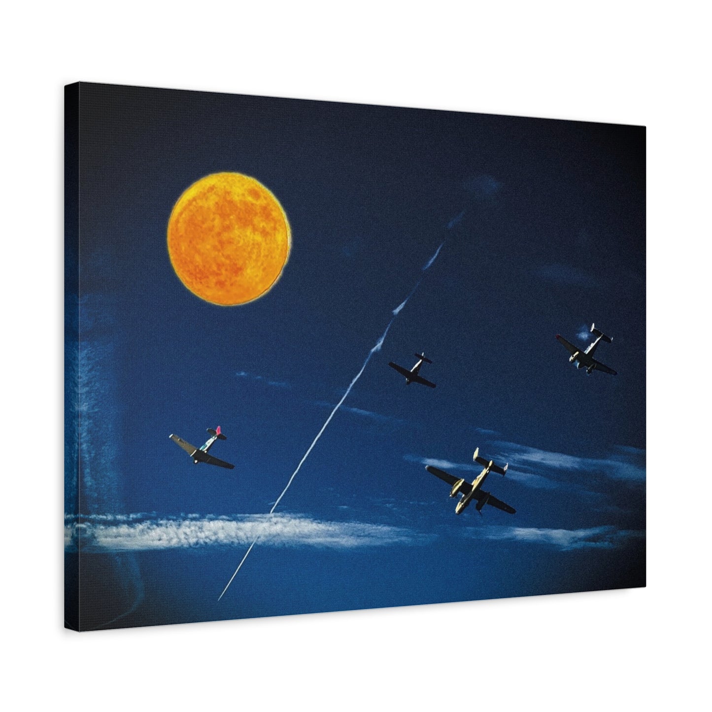 Vintage Aviation Moon Canvas Print — Planes Over Night Sky Matte Stretched Wall Art