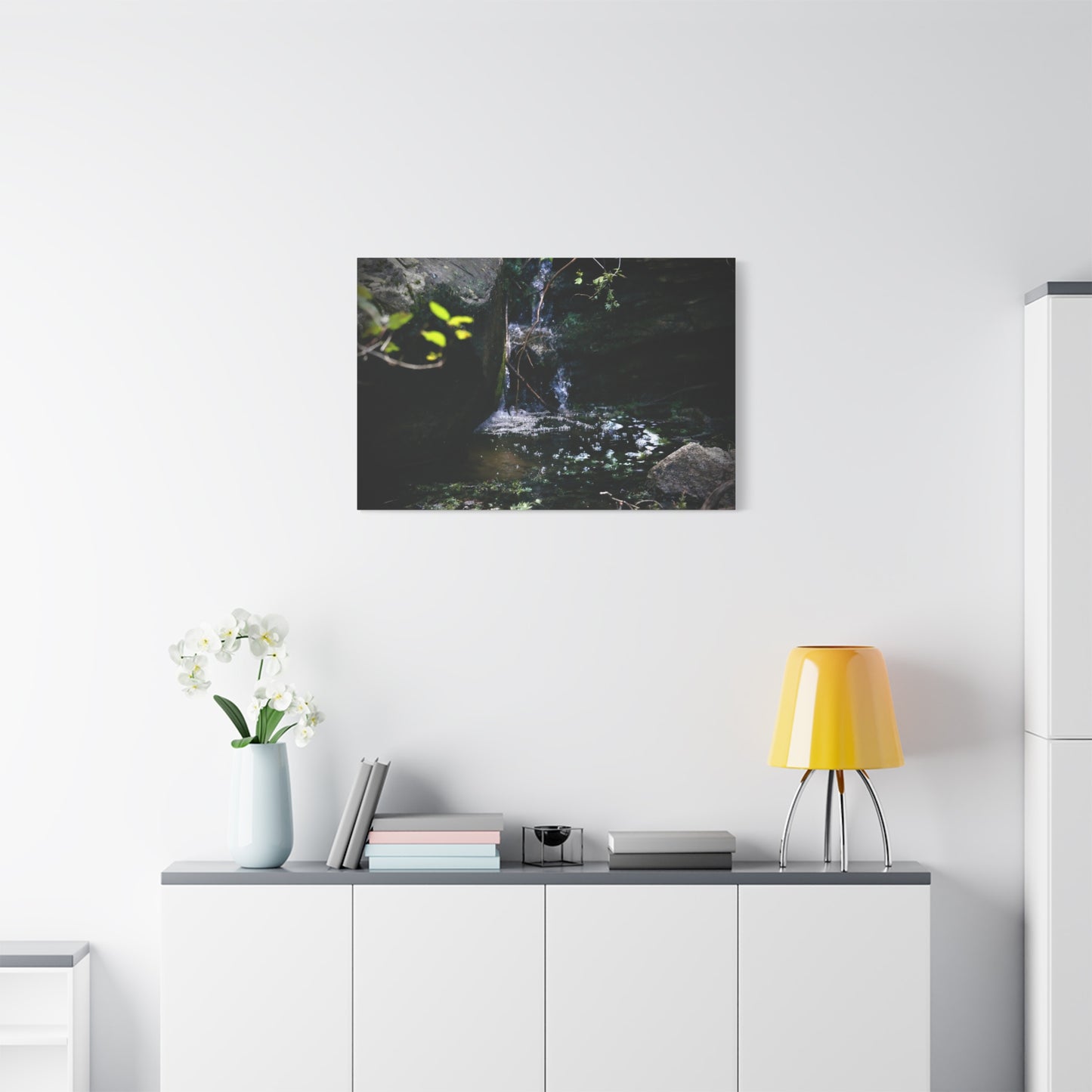 Mountain Waterfall Matte Stretched Canvas Print — Tranquil Woodland Waterfall Photography