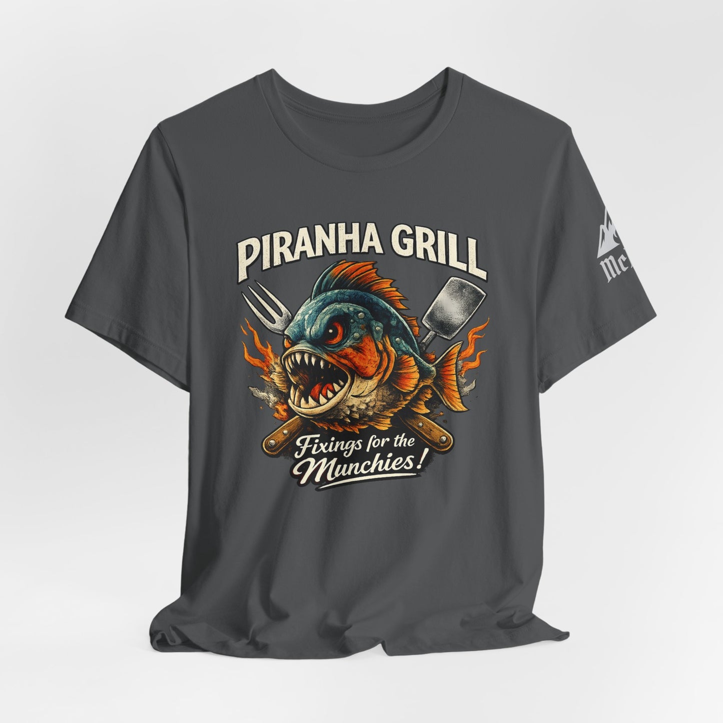 Piranha Grill T‑Shirt — 'Piranha Grill: Fixings for the Munchies' Retro BBQ Tee