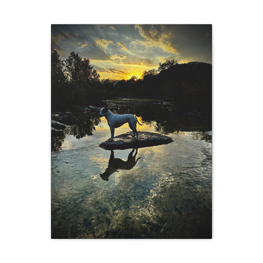 Dog - Manxy - Sunset Canvas Wall Art — Scenic River Reflection Matte Stretched Print