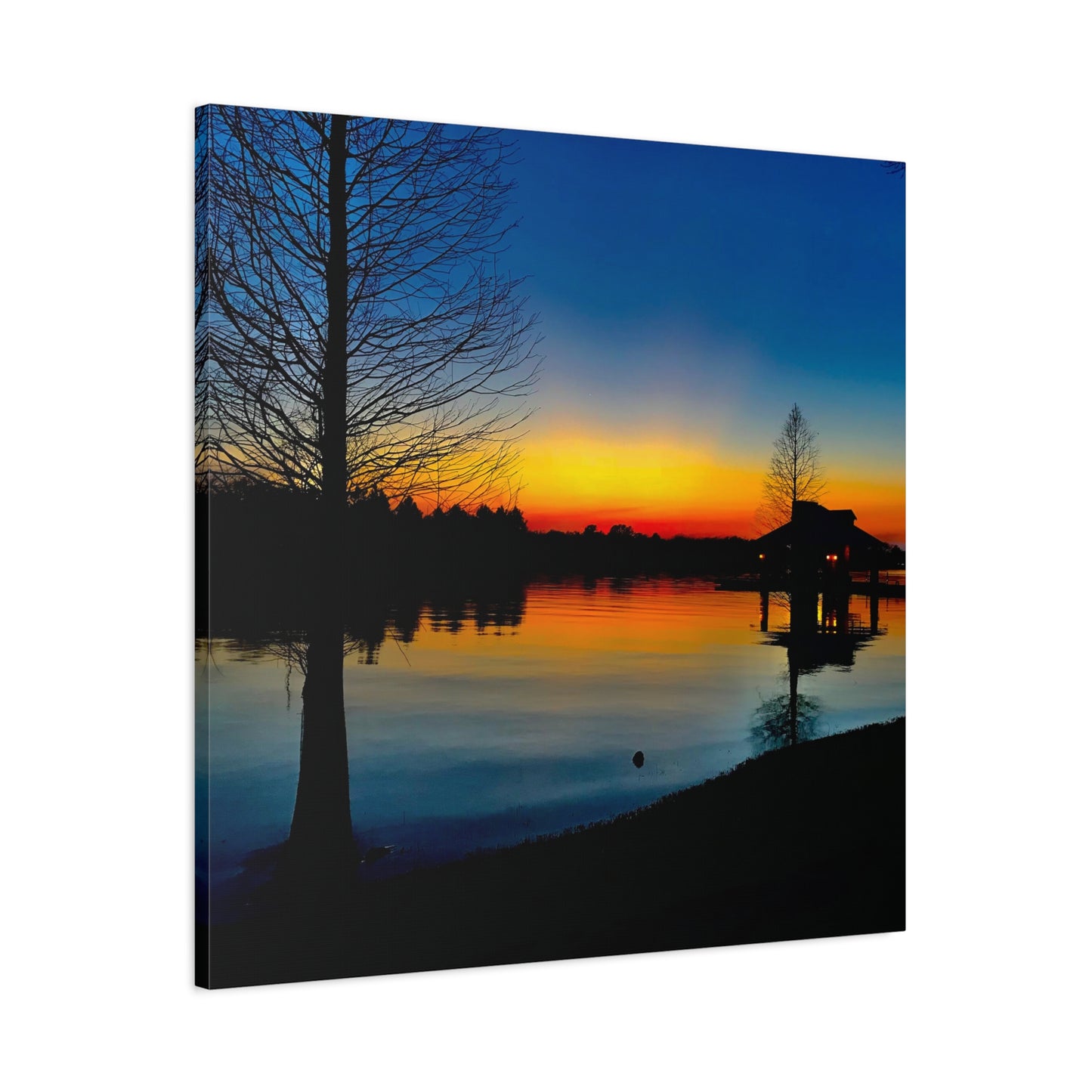 Sunset Lake Canvas Wall Art — Tranquil Silhouette Matte Stretched Canvas
