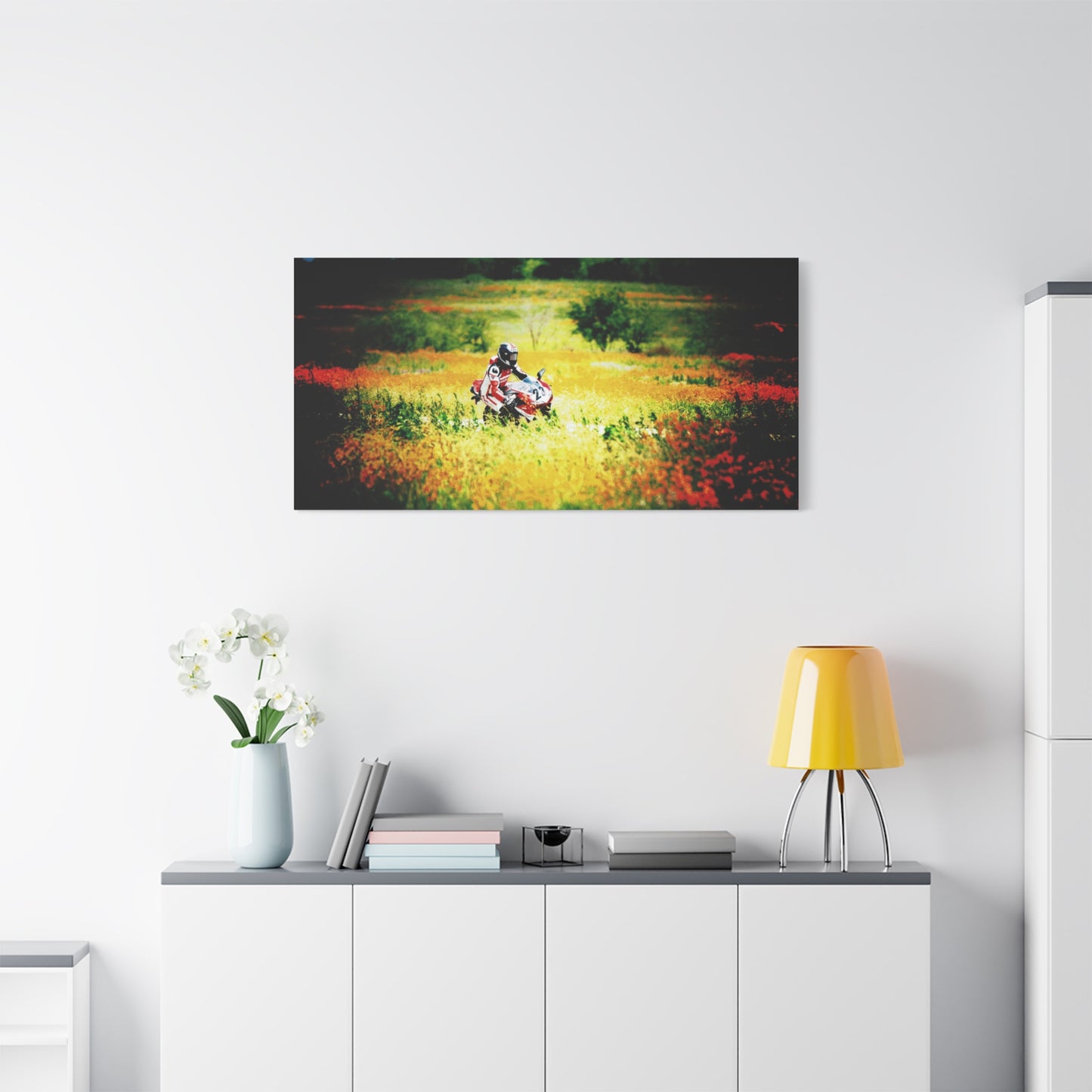 Motorcycle Racing Canvas Print — Rider in Wildflower Field Matte Stretched Art